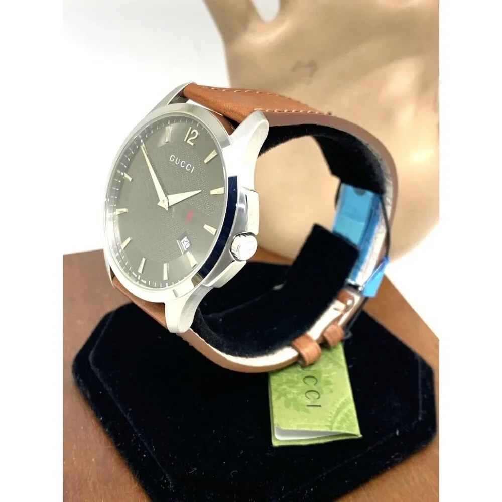 Gucci Men's Watch YA126302 G-Timeless Swiss Quartz Gray Dial Brown Leather 40mm